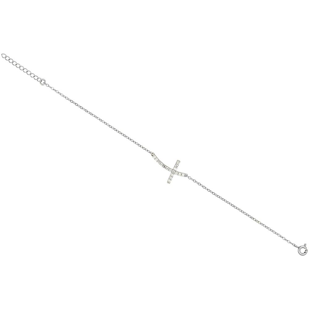 Sterling Silver CZ Sideways Cross Bracelet 7" to 8" inches